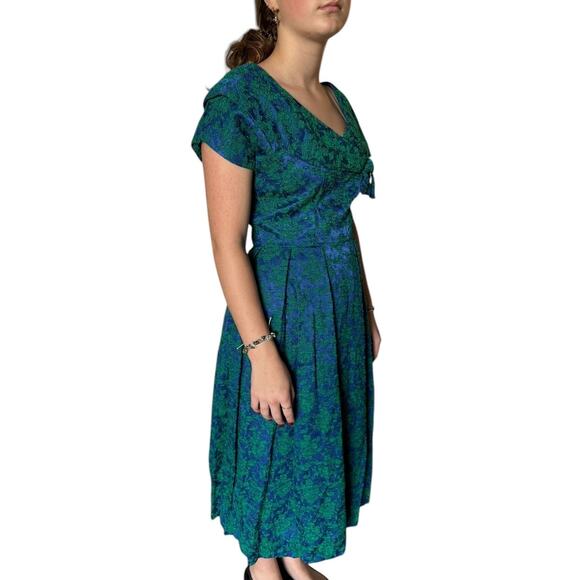 Vintage 1950's R&K Originals brocade blue and green wide neckline dress size XS - Picture 7 of 15
